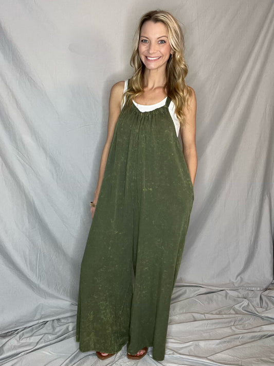 Call of the Wild Olive Mineral Washed Jumpsuit