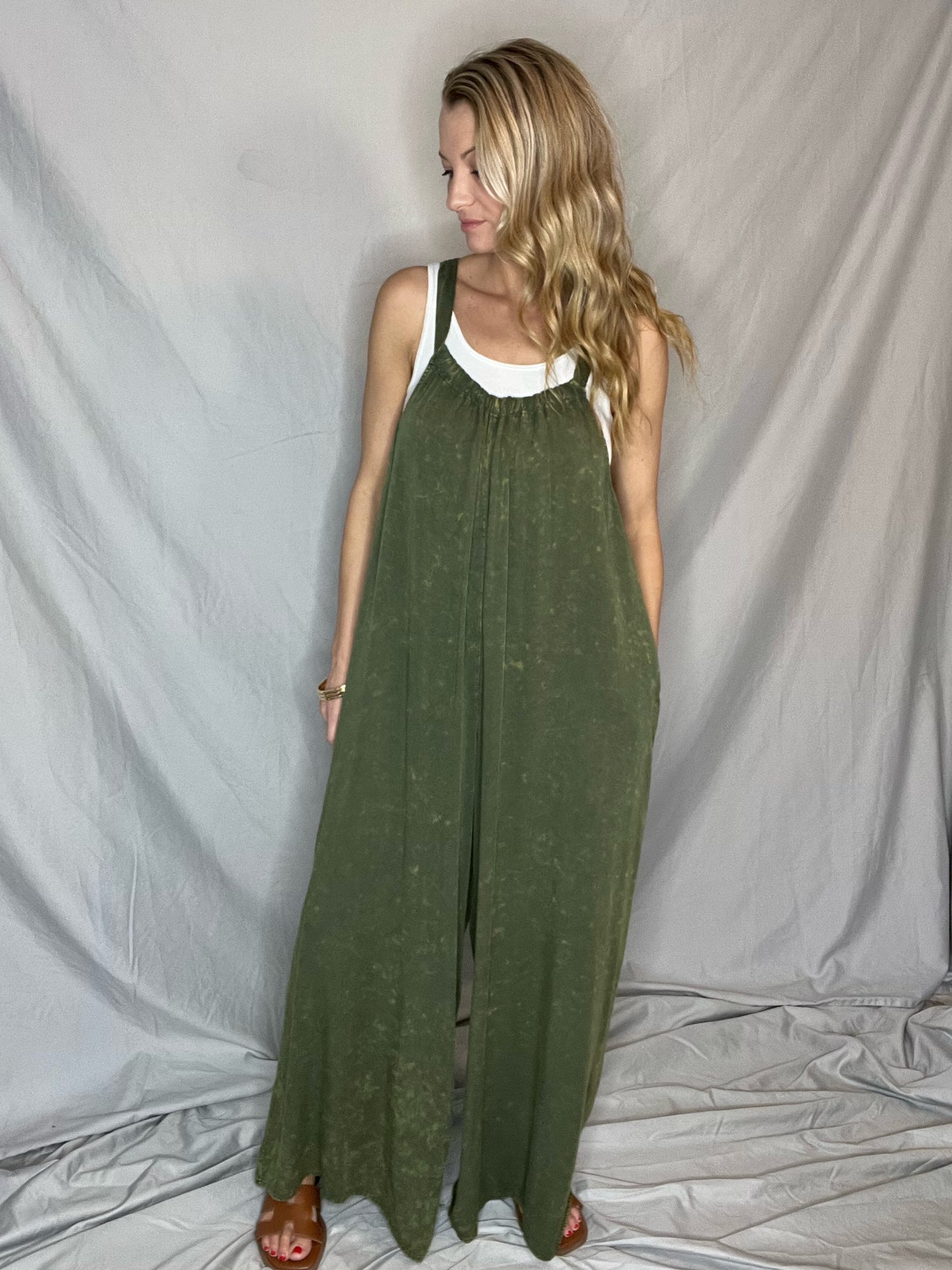 Call of the Wild Olive Mineral Washed Jumpsuit