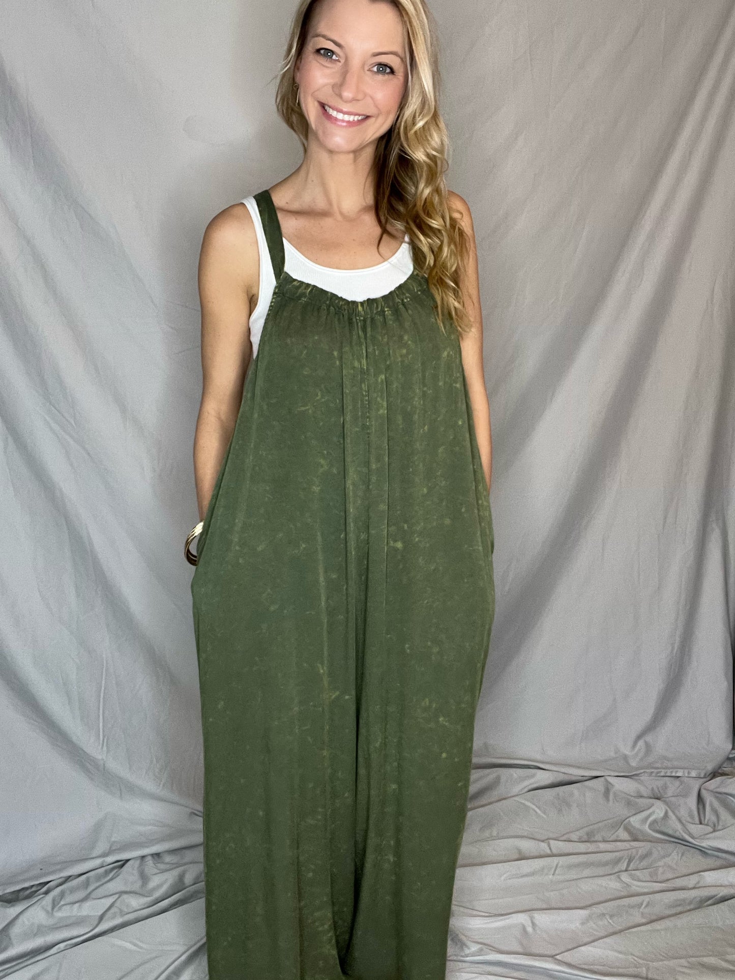 Call of the Wild Olive Mineral Washed Jumpsuit