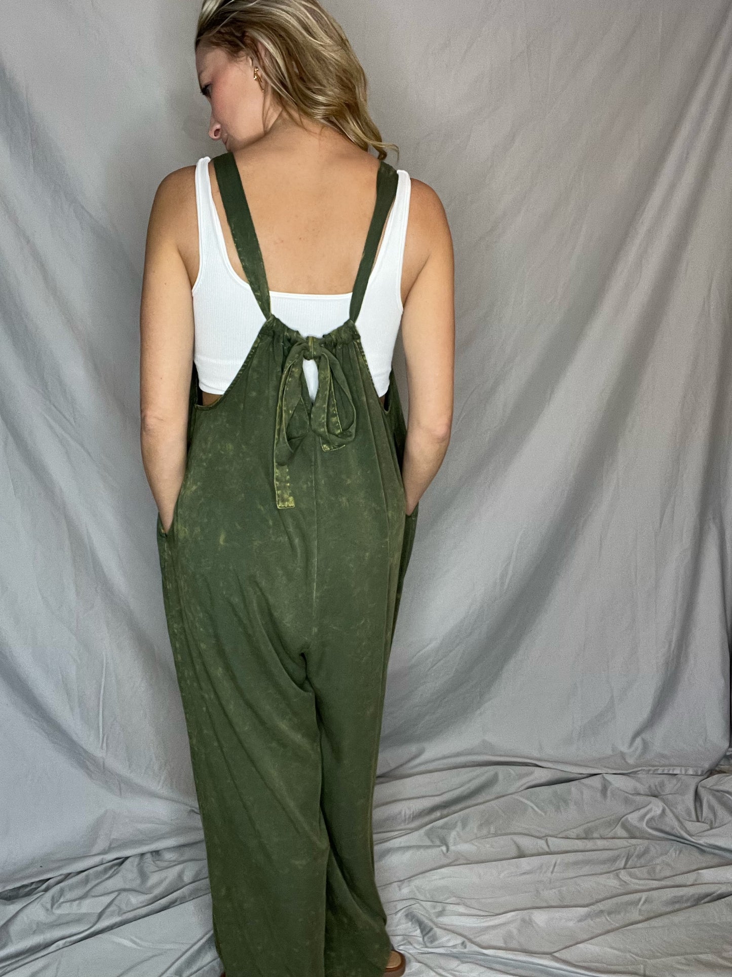 Call of the Wild Olive Mineral Washed Jumpsuit