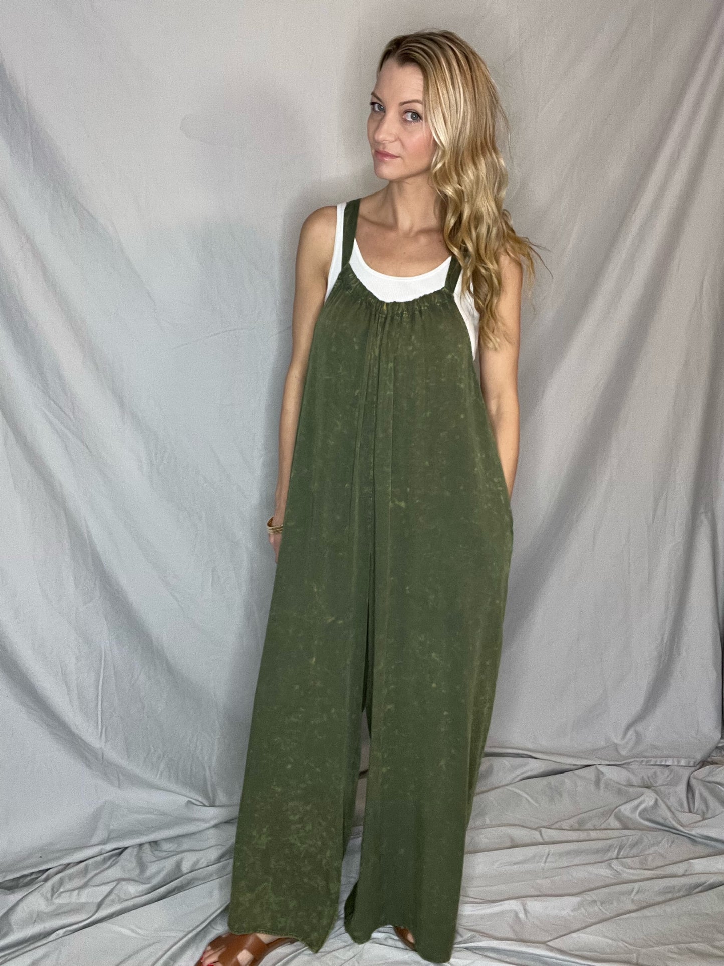 Call of the Wild Olive Mineral Washed Jumpsuit