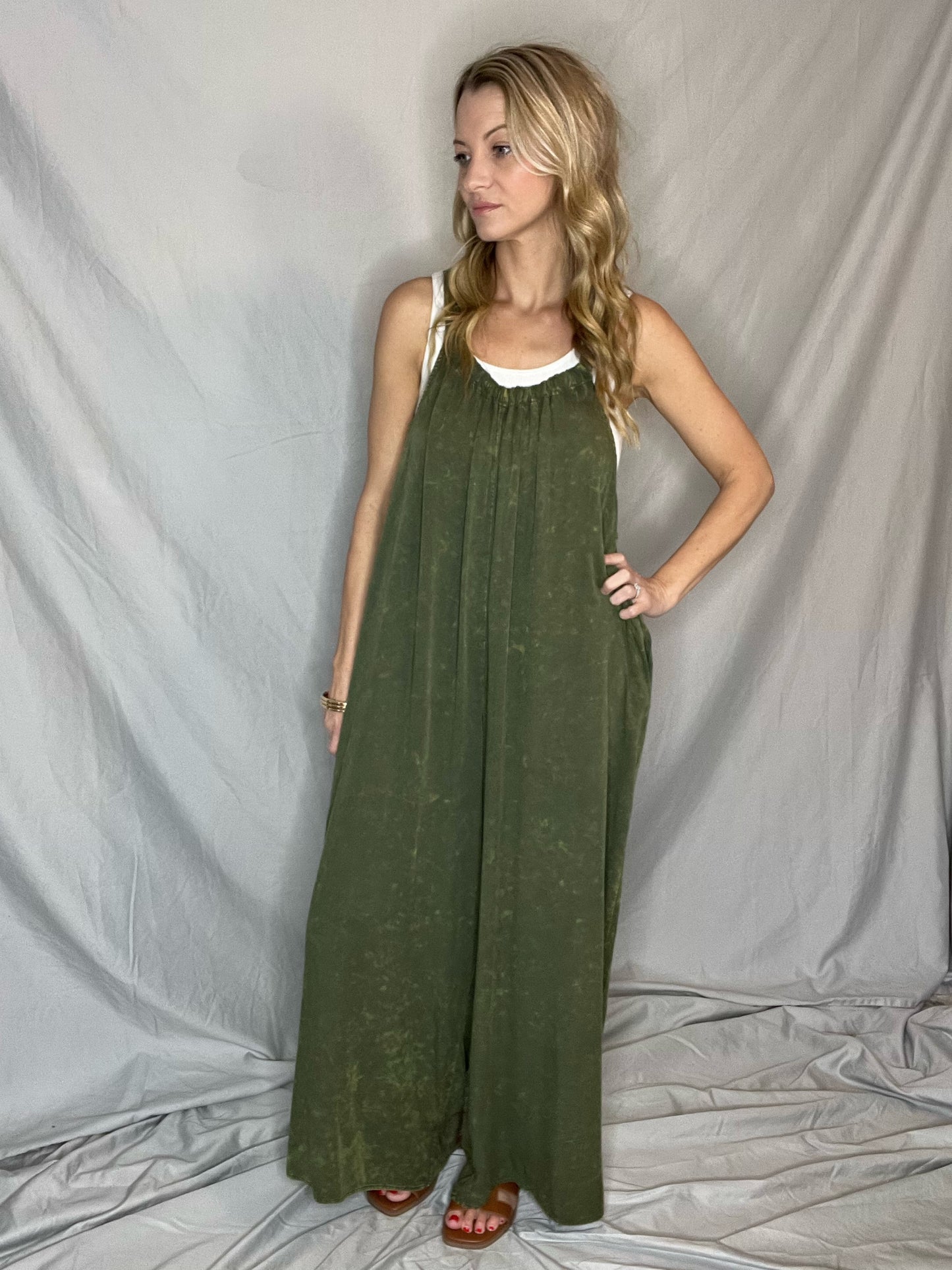 Call of the Wild Olive Mineral Washed Jumpsuit